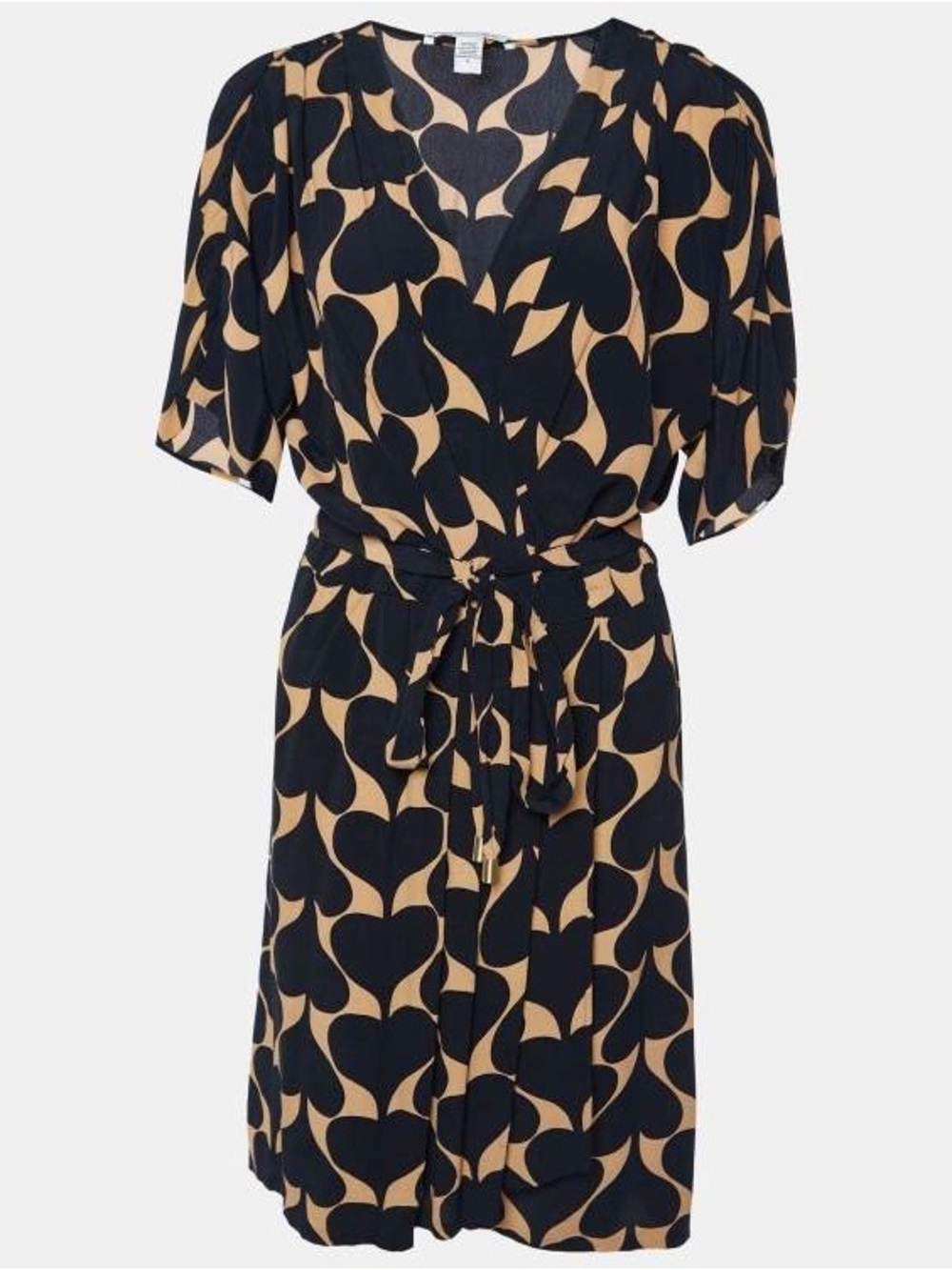 Diane Von Furstenberg Black and Tan Heart-Print Wrap-Style Midi Dress Size 4